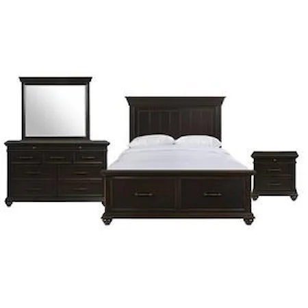 Queen Panel Storage Bed, Dresser, Landscape Mirror, and Nightstand